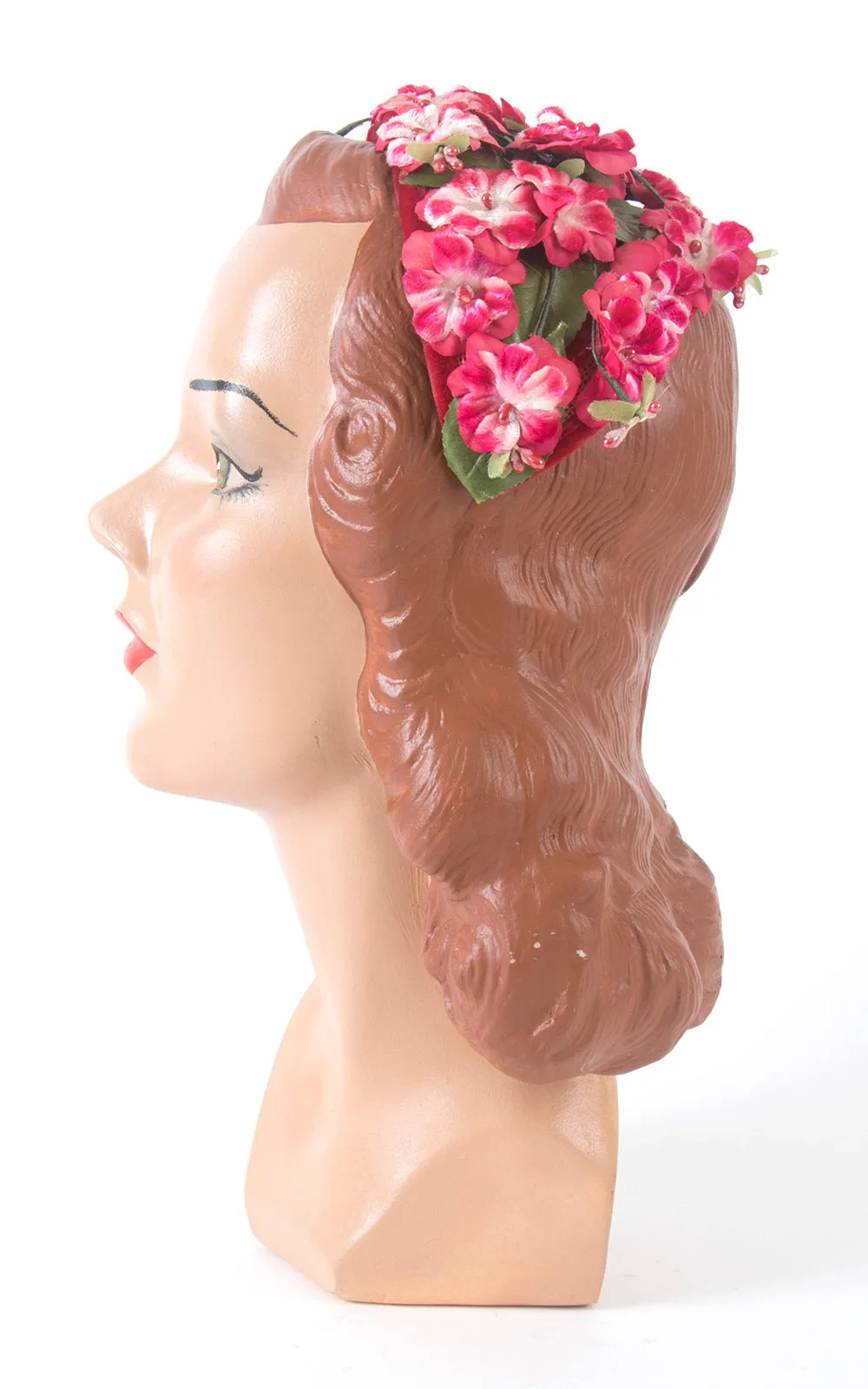 1950s Pink Velvety Floral Juliet Cap
