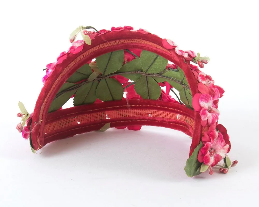 1950s Pink Velvety Floral Juliet Cap