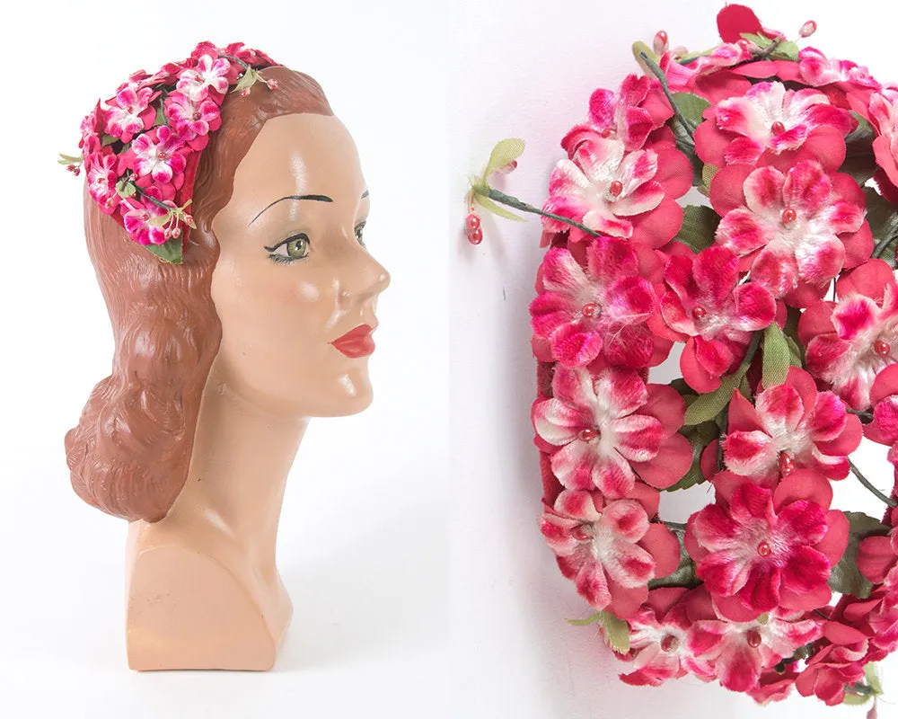 1950s Pink Velvety Floral Juliet Cap