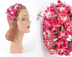 1950s Pink Velvety Floral Juliet Cap