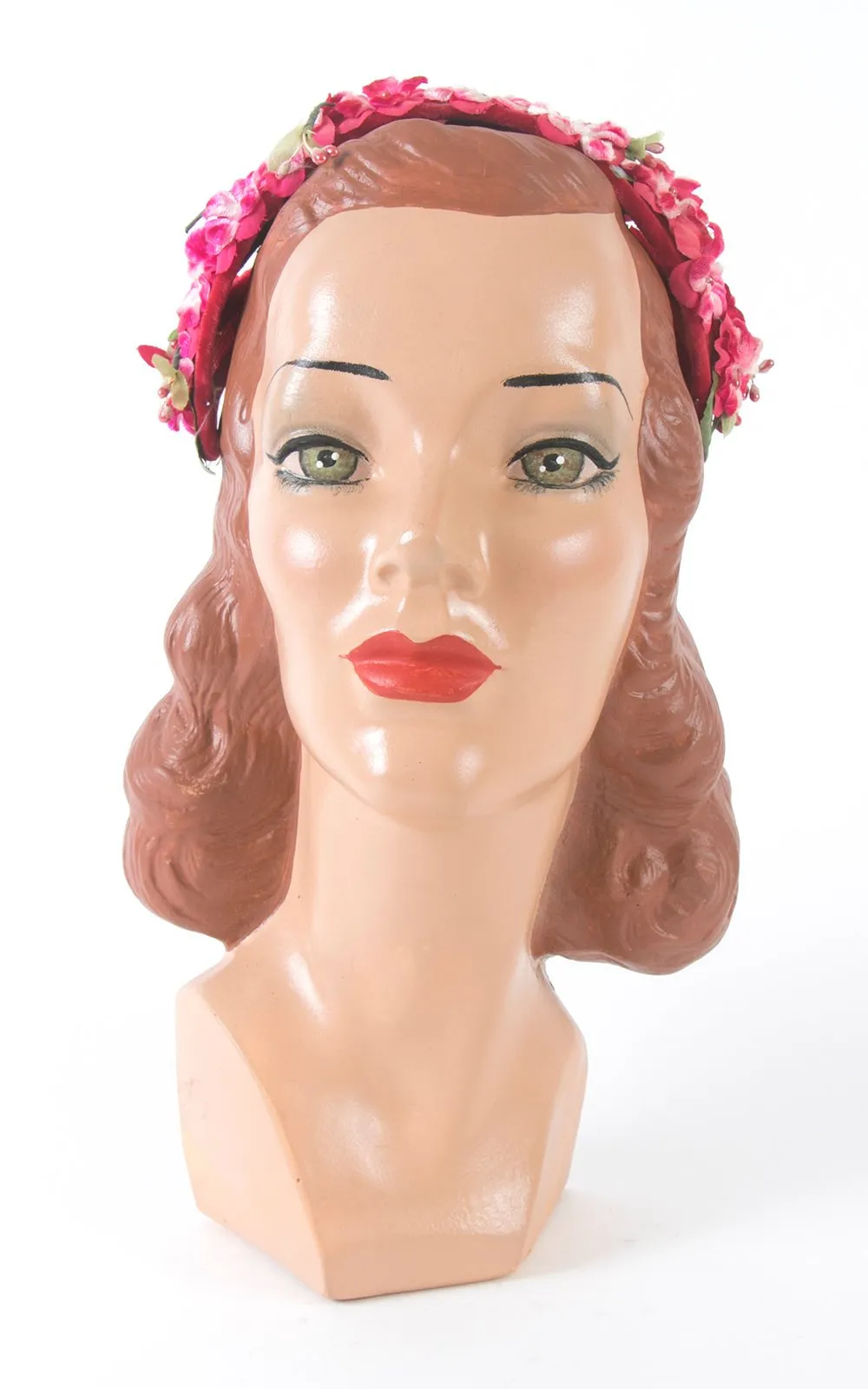 1950s Pink Velvety Floral Juliet Cap