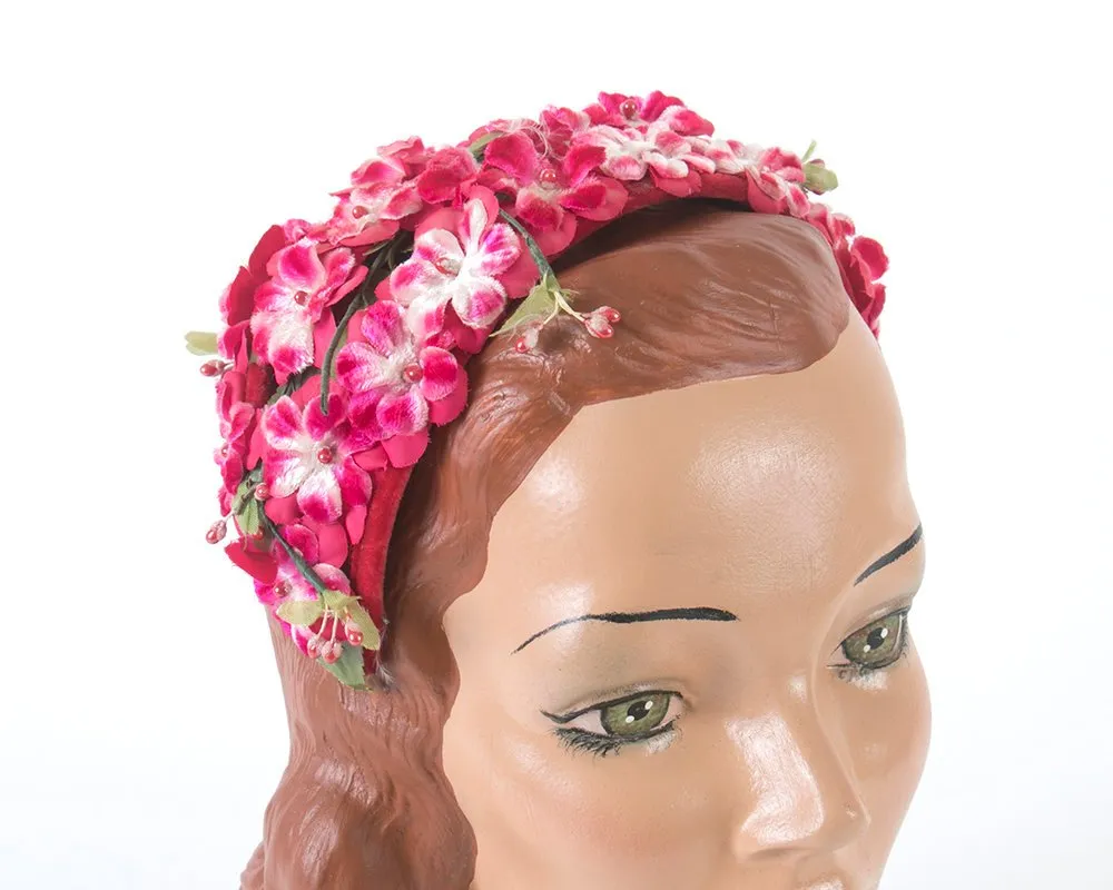 1950s Pink Velvety Floral Juliet Cap