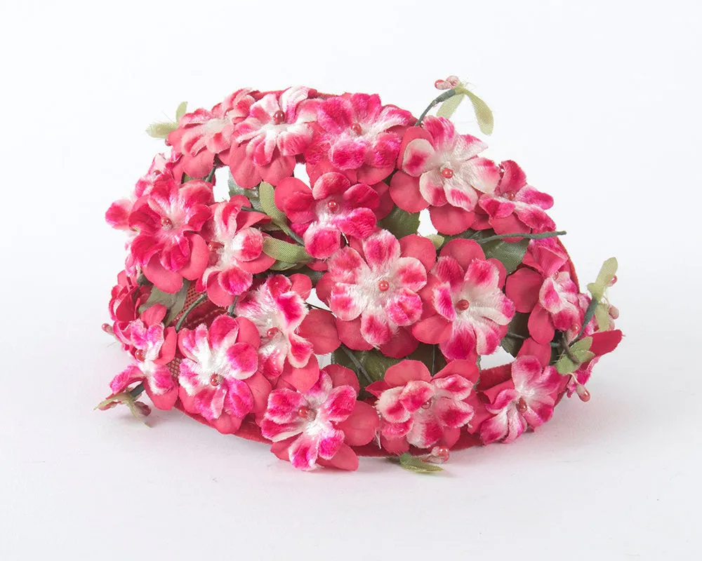 1950s Pink Velvety Floral Juliet Cap