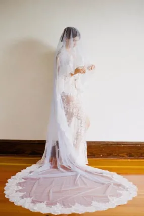 1T Tulle with Lace Appliques Wedding Veilss Cathedral Length V019