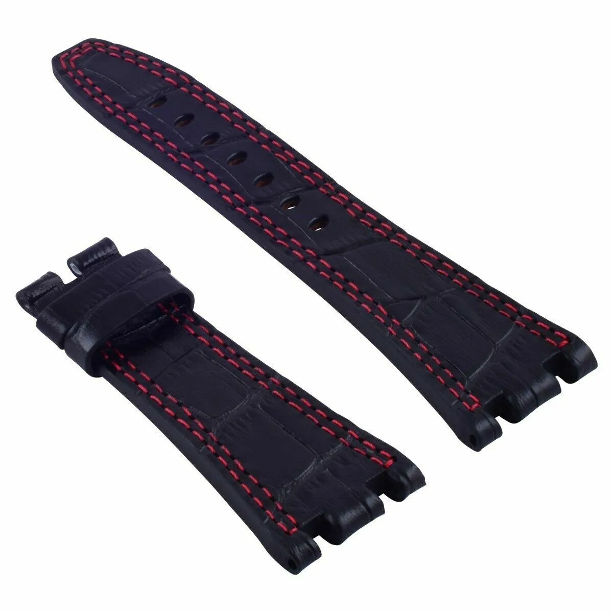 28MM LEATHER WATCH STRAP BAND FOR AP 42MM AUDEMARS PIGUET BLACK RED STITCHING