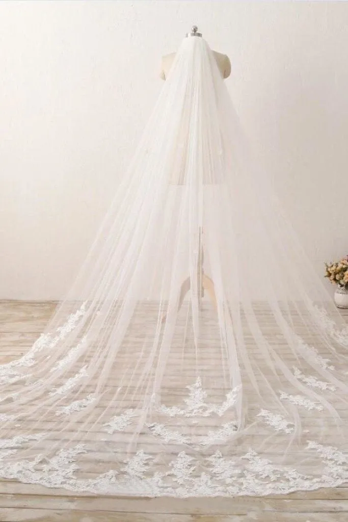 3M Long Embroidered Lace Cathedral Veil for Wedding PFWV0002