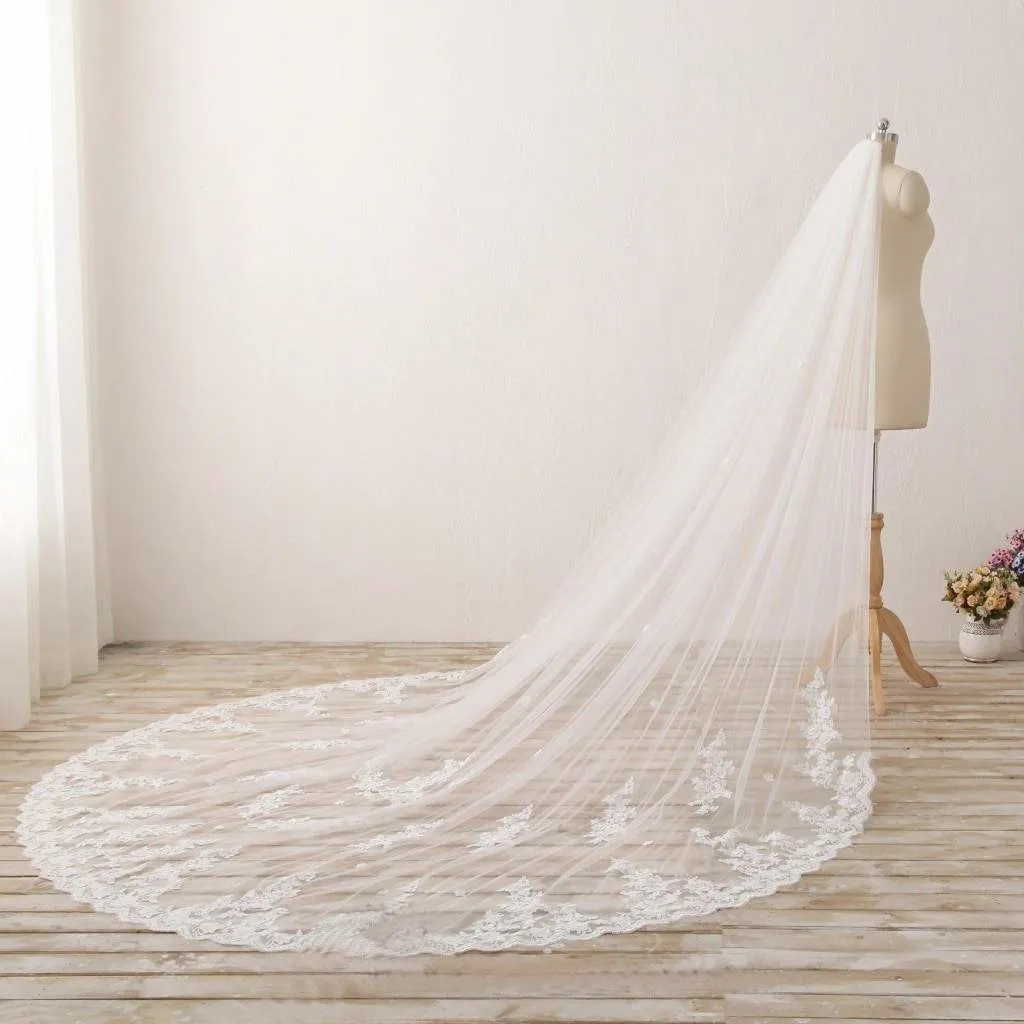 3M Long Embroidered Lace Cathedral Veil for Wedding PFWV0002
