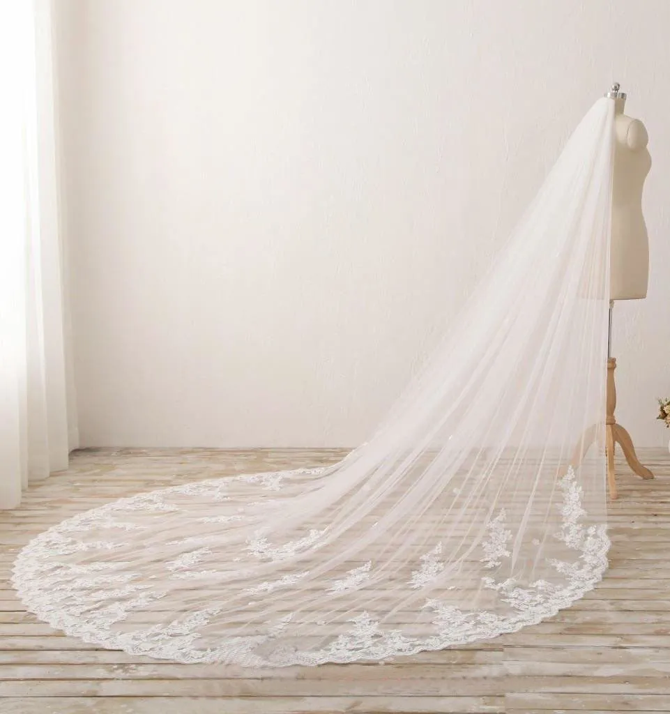 3M Long Lace Appliqued Cathedral Veils for Wedding Romantic Veils V025