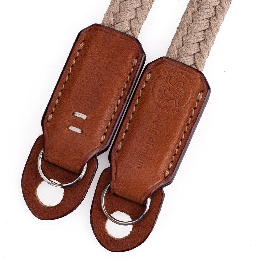 Arte di Mano Waxed Cotton Neck Strap, XL, 120cm - Beige Cotton with Barenia Tan Leather Accents