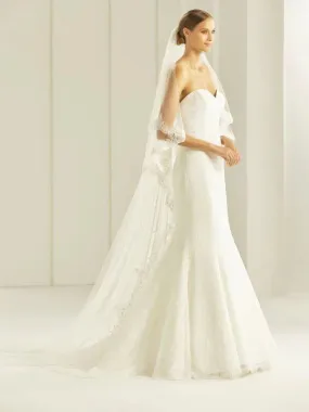 Bianco Evento Cathedral Length Two Tier Wedding Veil, Lace Edge, Ivory Tulle S258