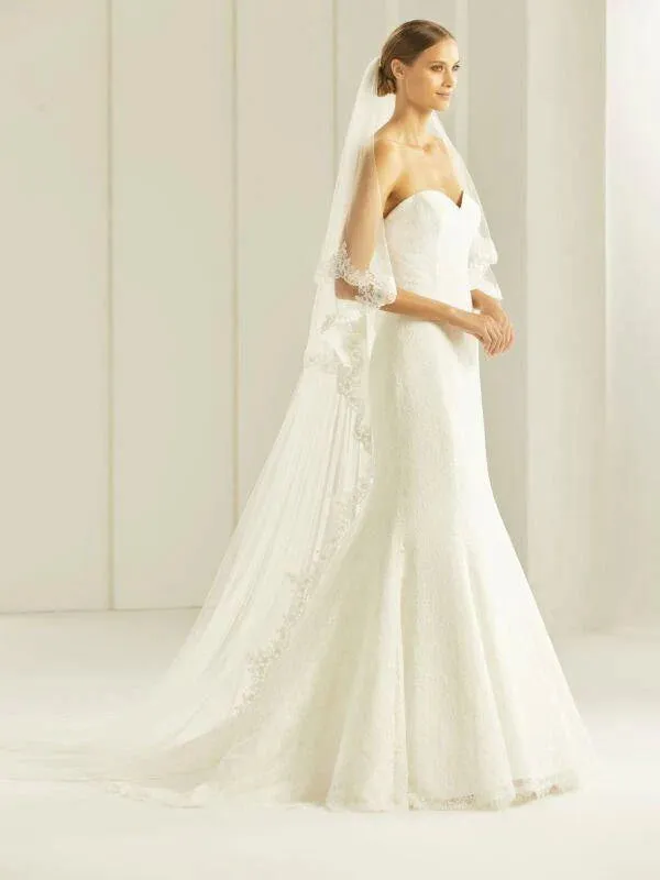 Bianco Evento Cathedral Length Two Tier Wedding Veil, Lace Edge, Ivory Tulle S258