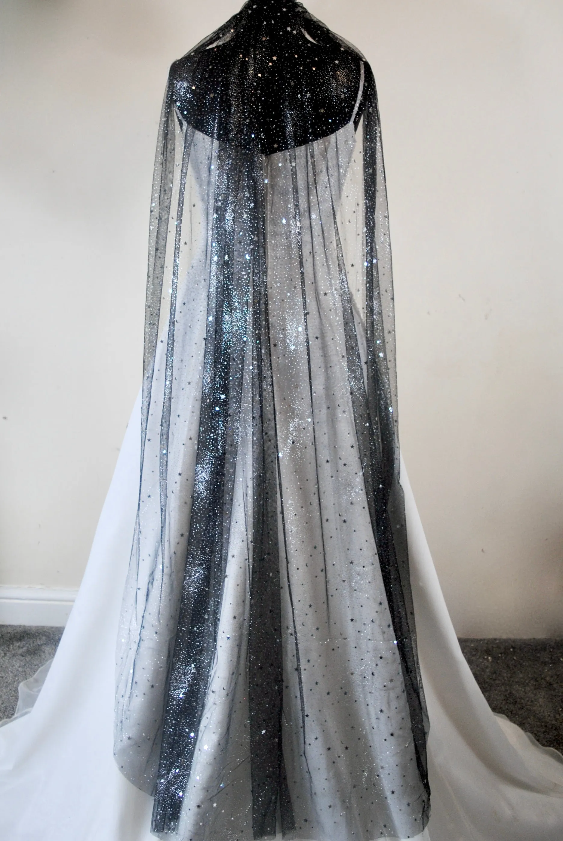 Black Celestial wedding veil sparkling stars