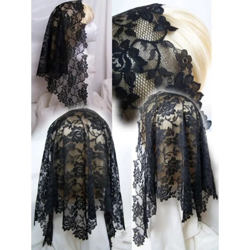 Black Floral Lace Mantilla With Longer Sides