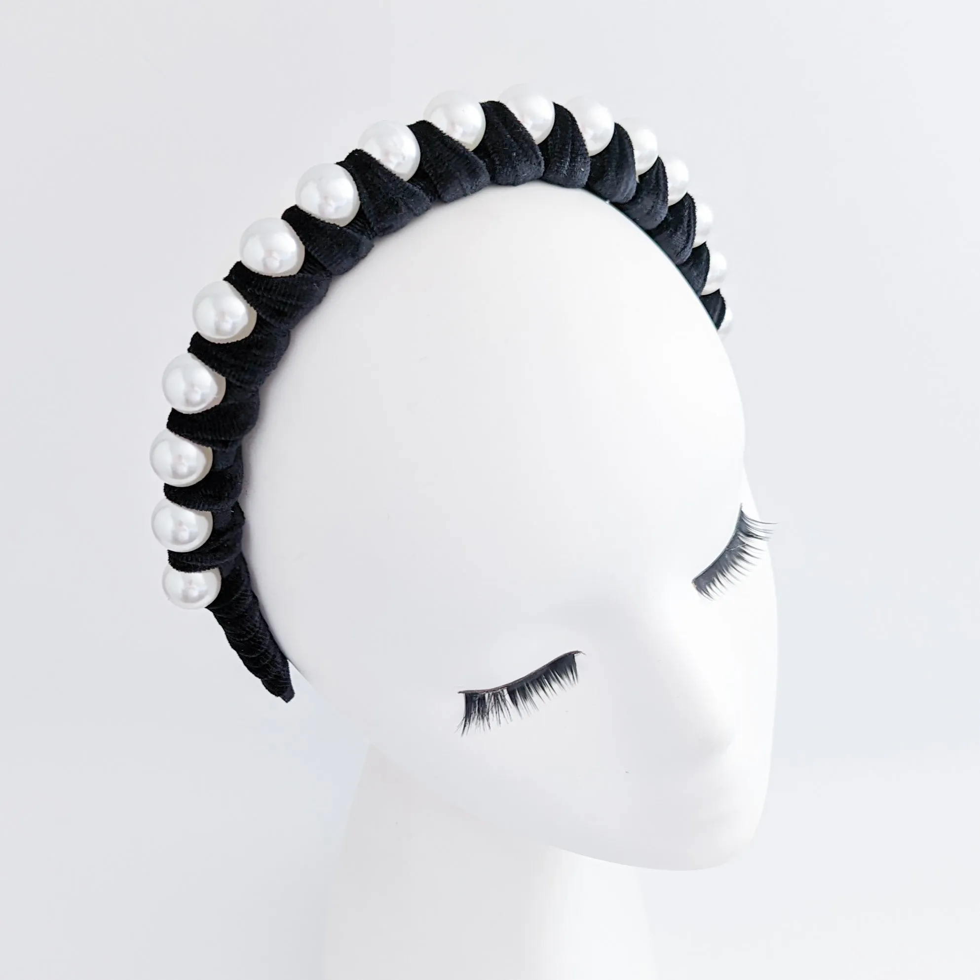 Black large pearl ruched velvet headband fascinator