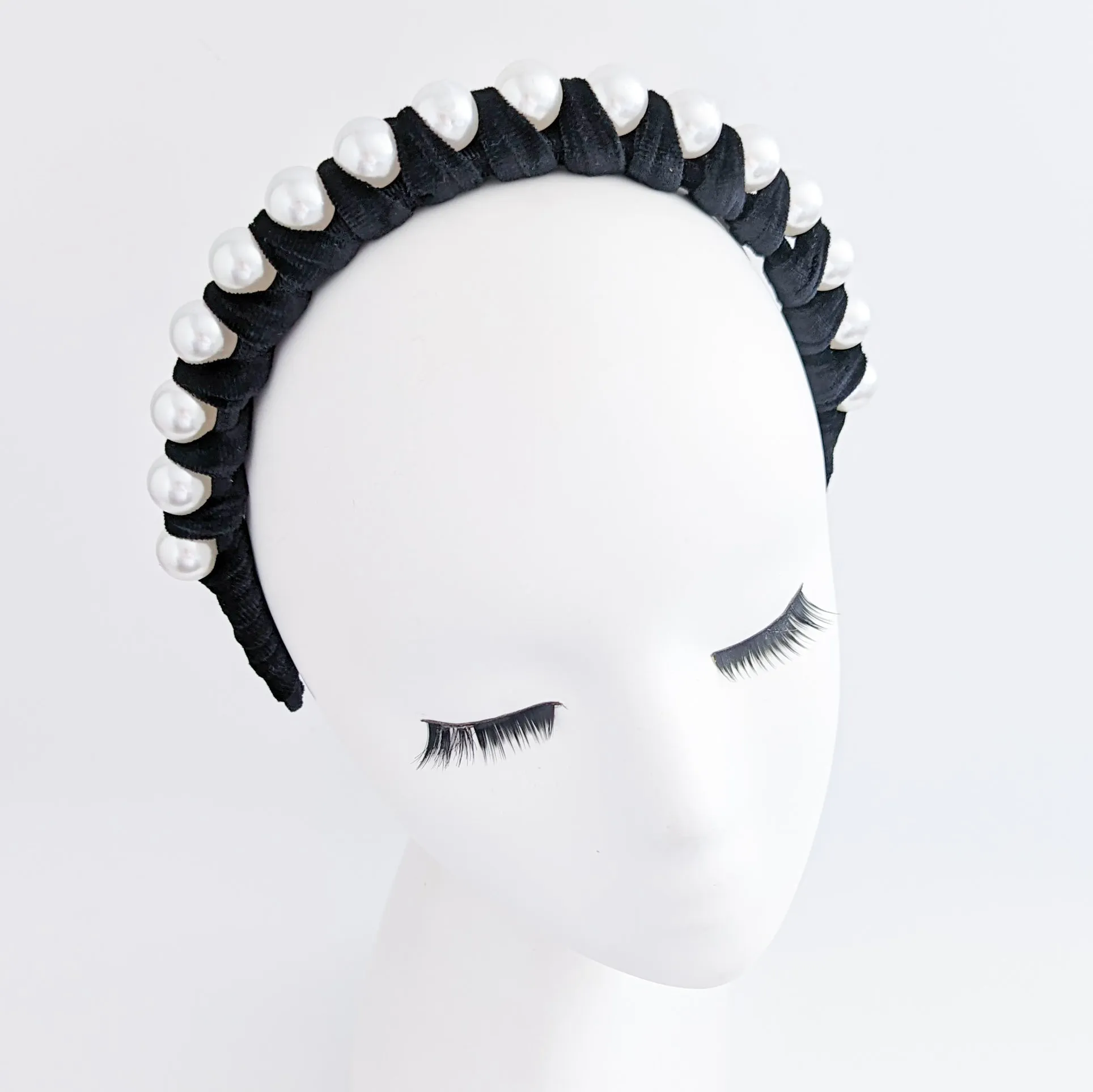 Black large pearl ruched velvet headband fascinator