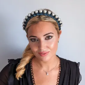 Bottle green large pearl ruched velvet headband fascinator