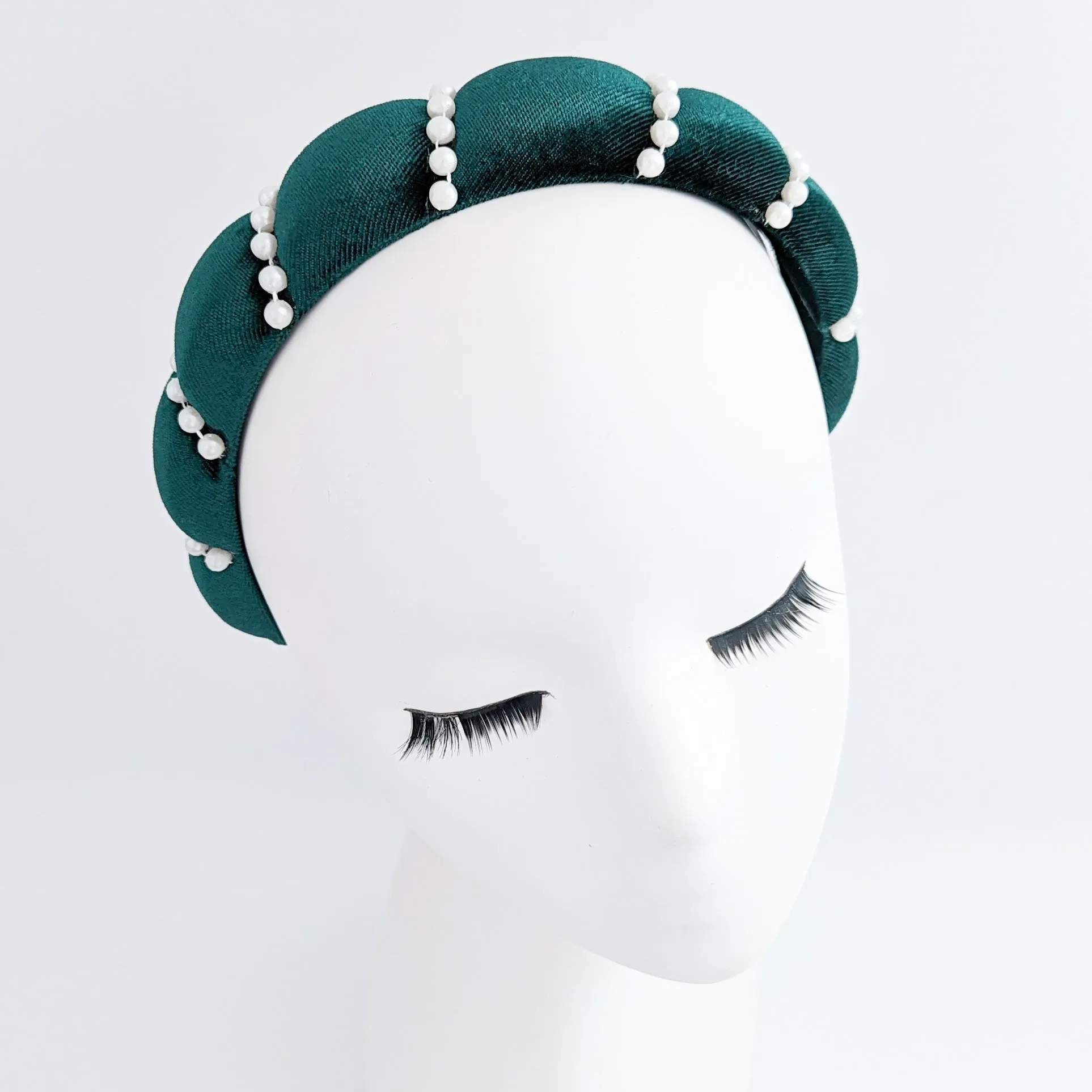 Bottle green pearl ruched padded velvet headband fascinator