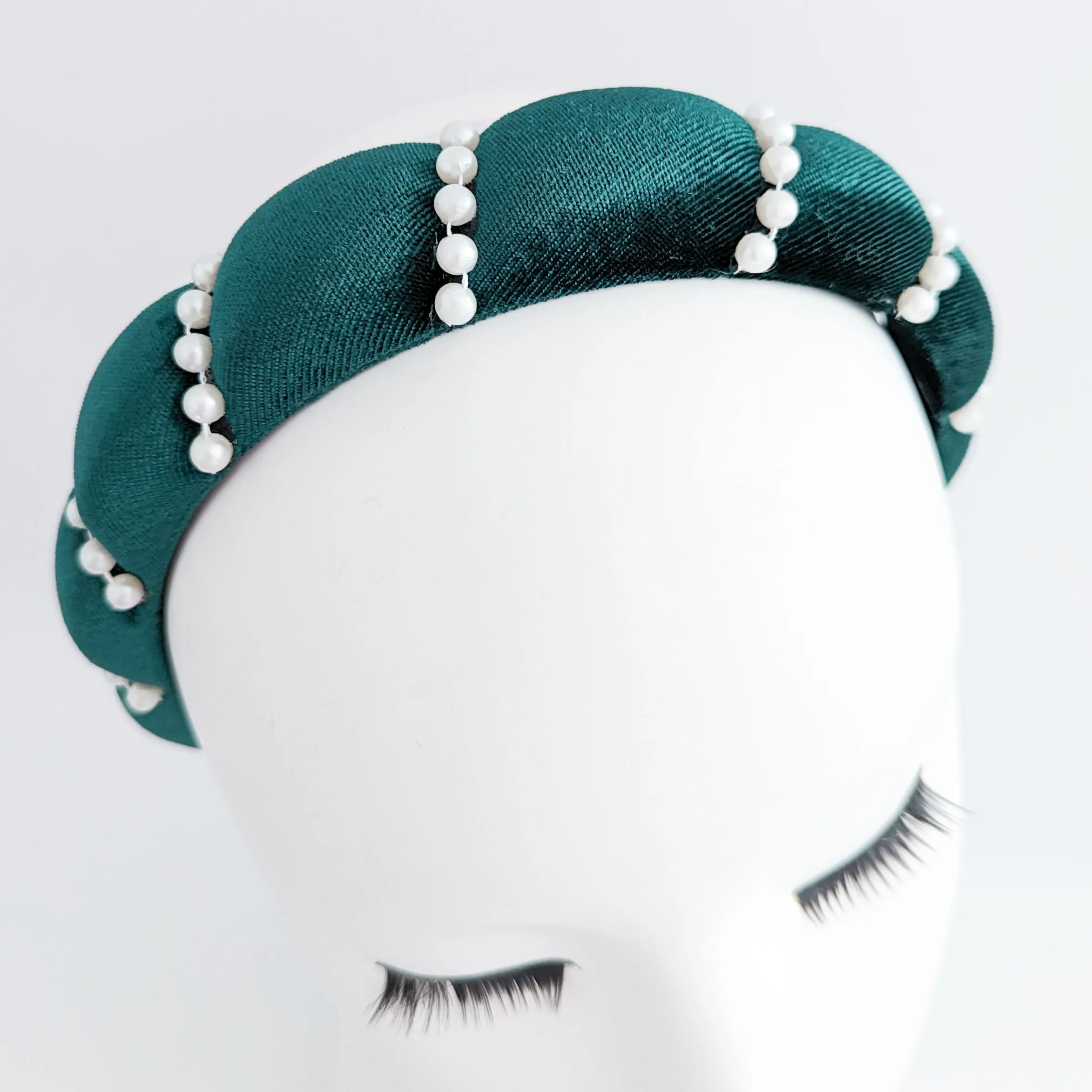 Bottle green pearl ruched padded velvet headband fascinator