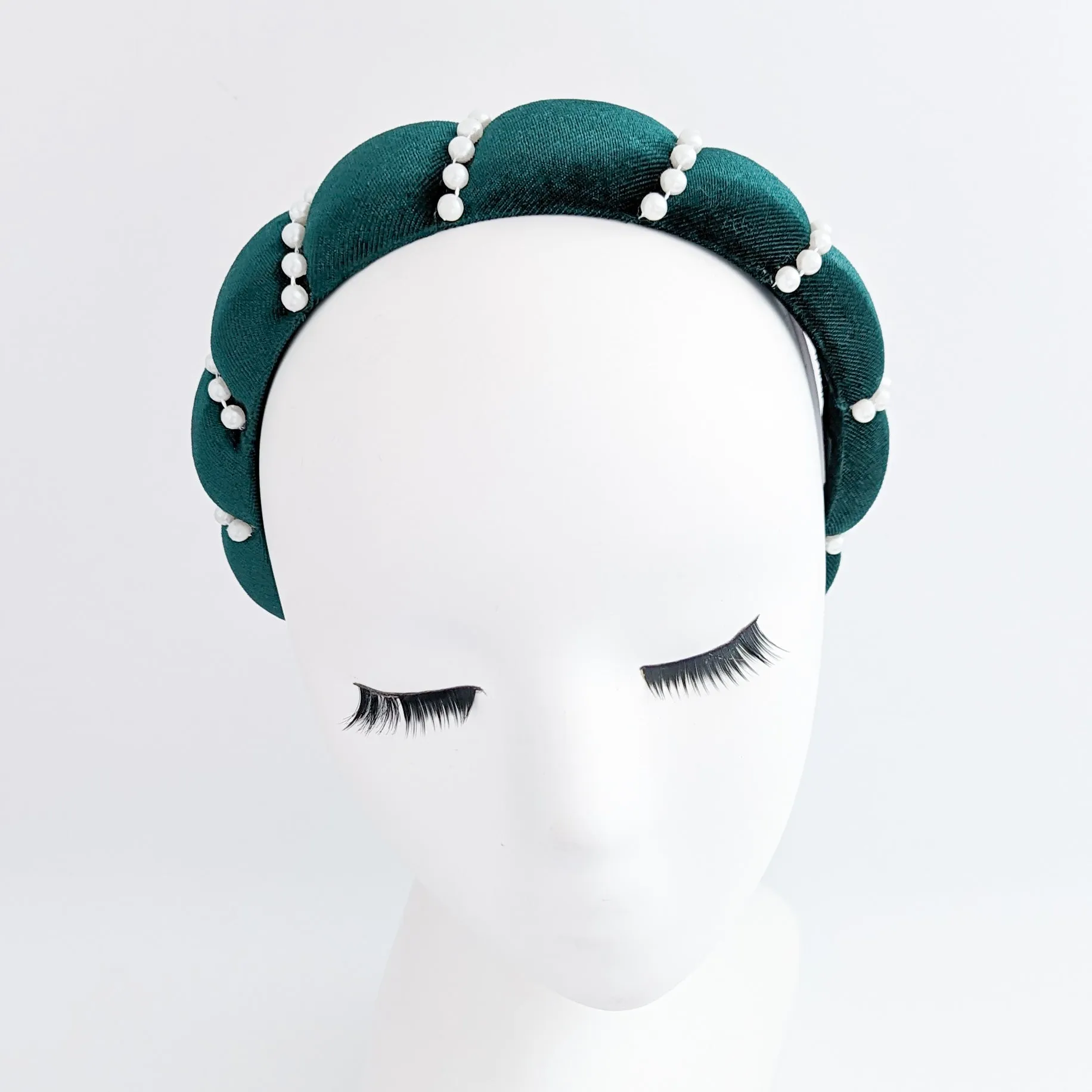 Bottle green pearl ruched padded velvet headband fascinator