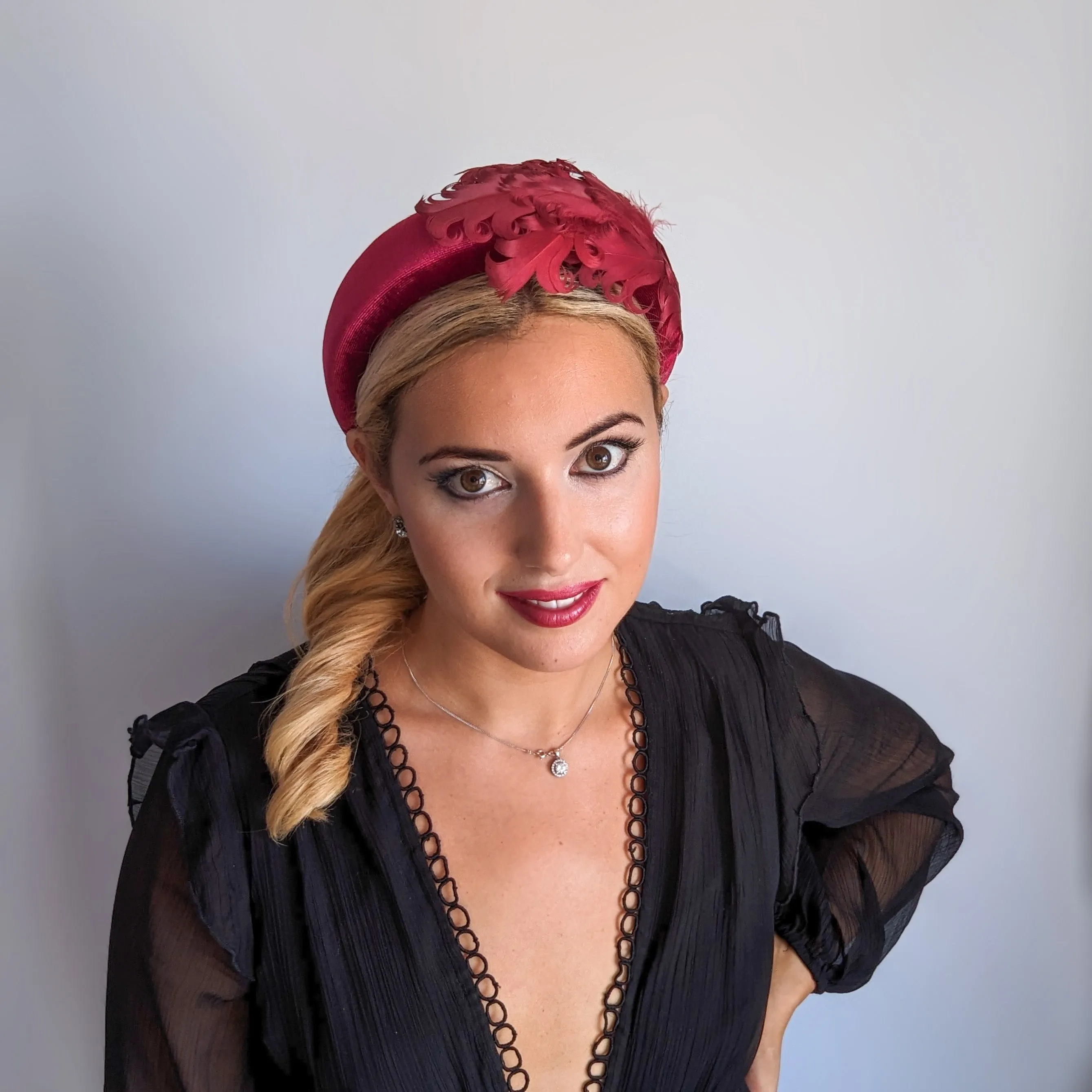 Burgundy feather padded velvet headband fascinator