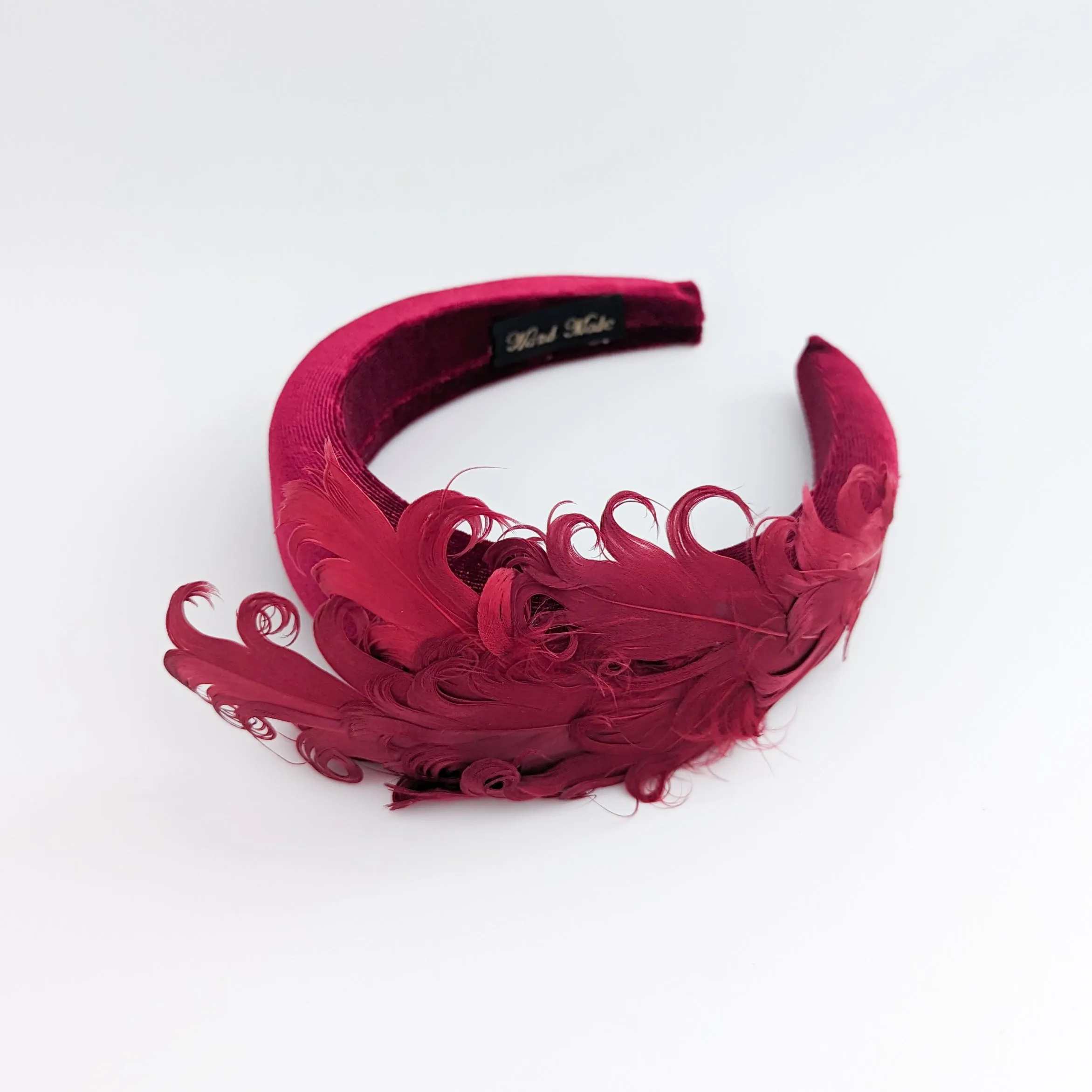 Burgundy feather padded velvet headband fascinator