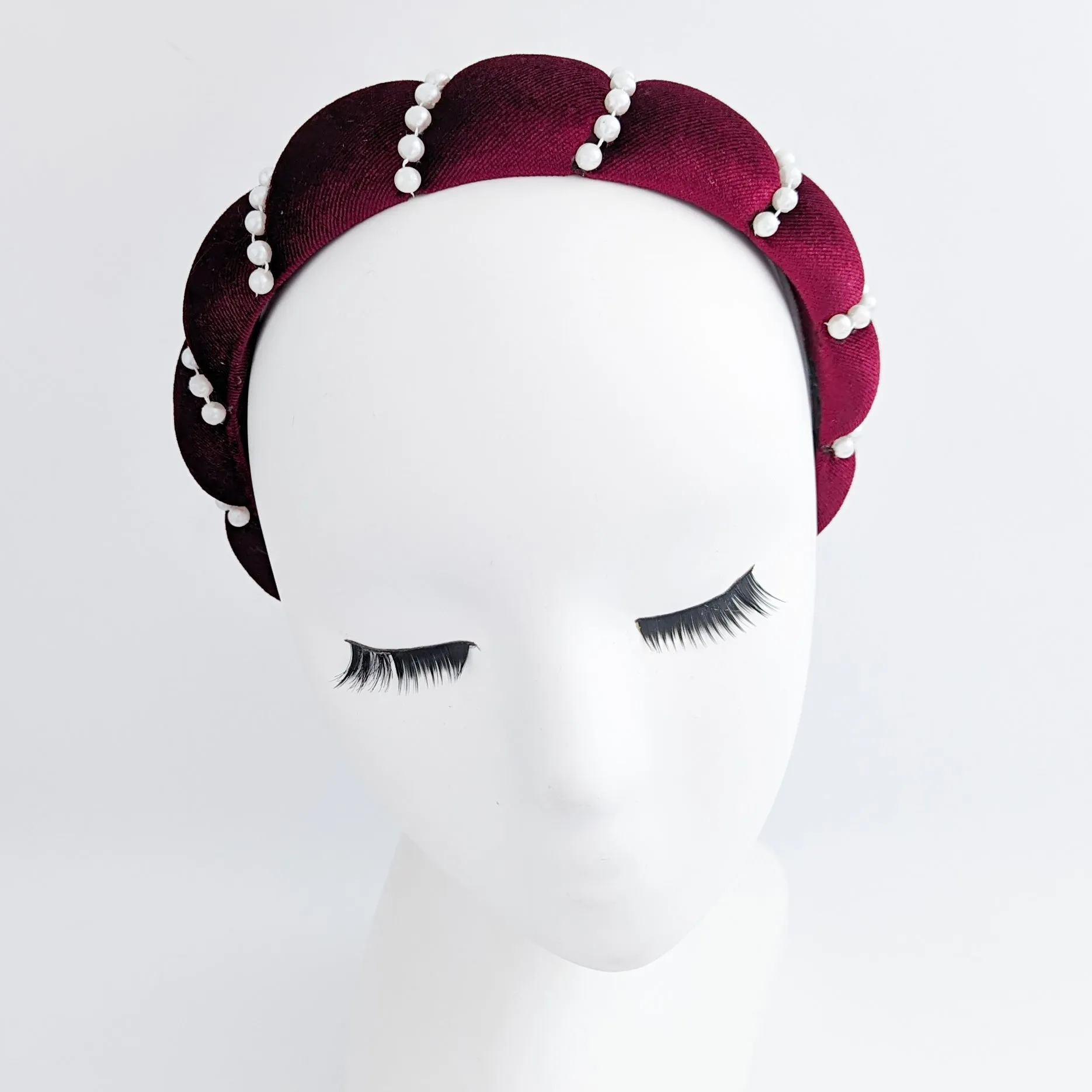 Burgundy pearl ruched padded velvet headband fascinator