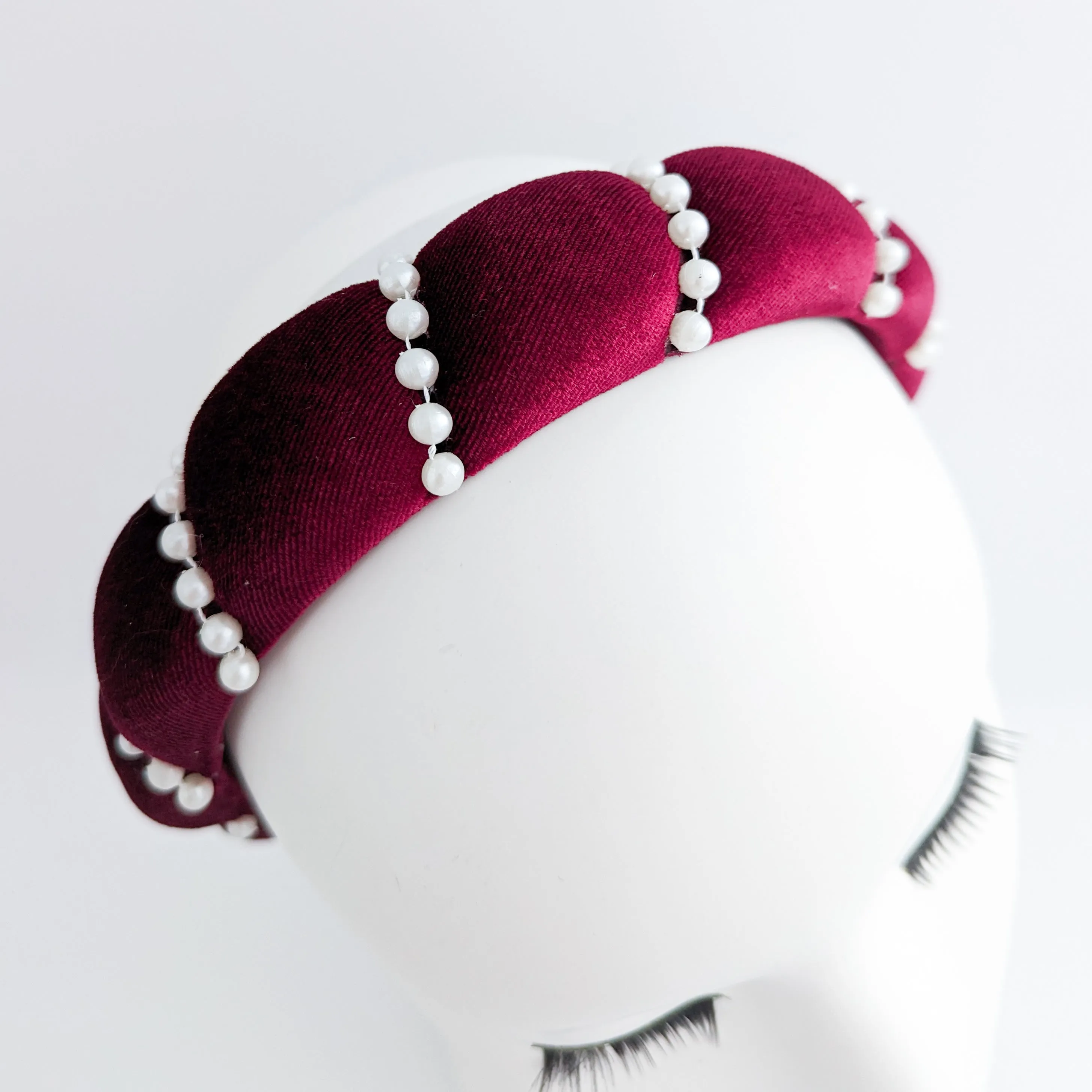 Burgundy pearl ruched padded velvet headband fascinator