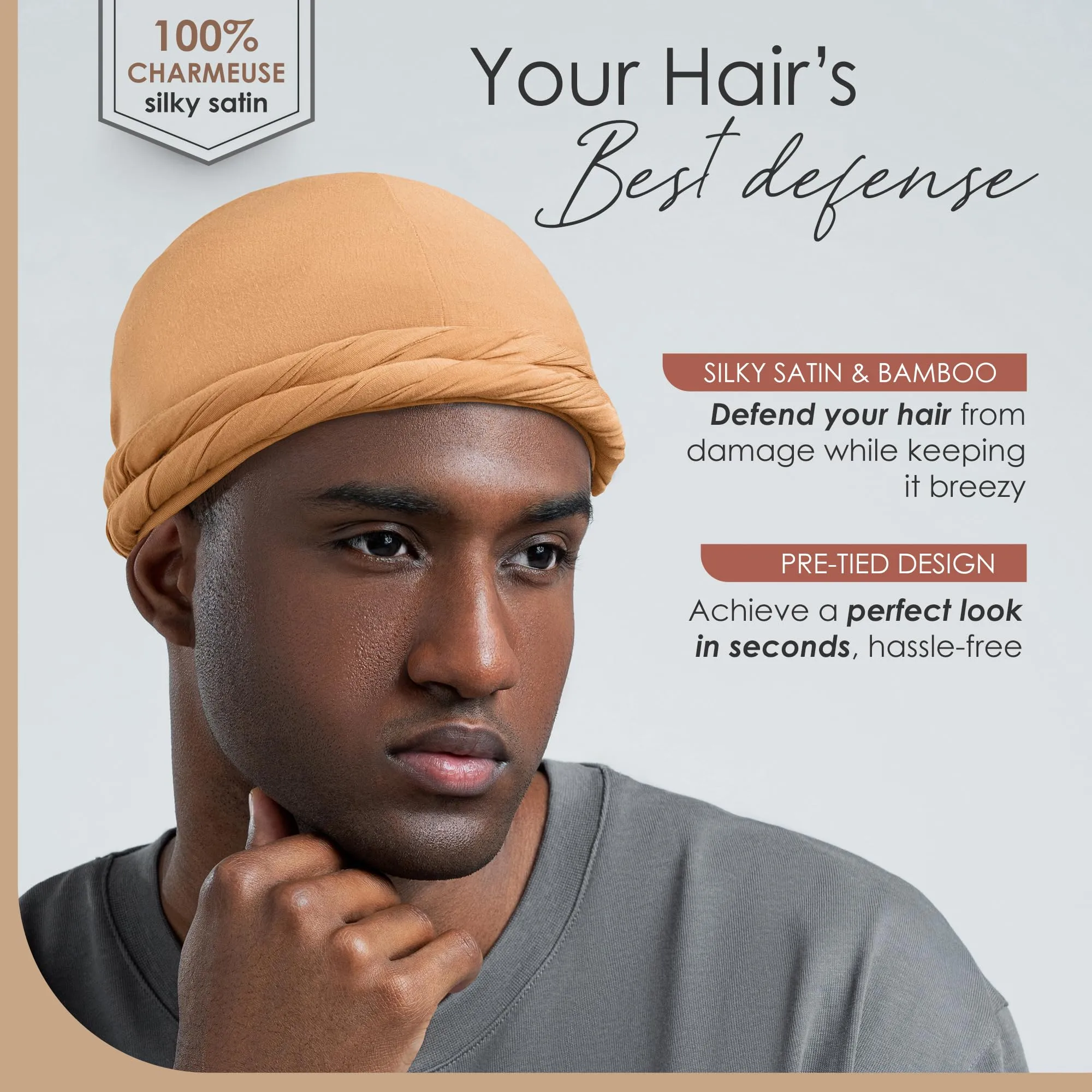 CAPLORD Silk Satin Lined Halo Turban Durag Head Wrap Pre-Tied Skull Cap for Men and Women Sleeping Bonnet Hair Cover Chemo Hair Loss Hat Sleep Bonnet Tan