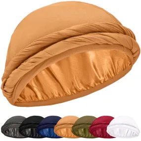 CAPLORD Silk Satin Lined Halo Turban Durag Head Wrap Pre-Tied Skull Cap for Men and Women Sleeping Bonnet Hair Cover Chemo Hair Loss Hat Sleep Bonnet Tan
