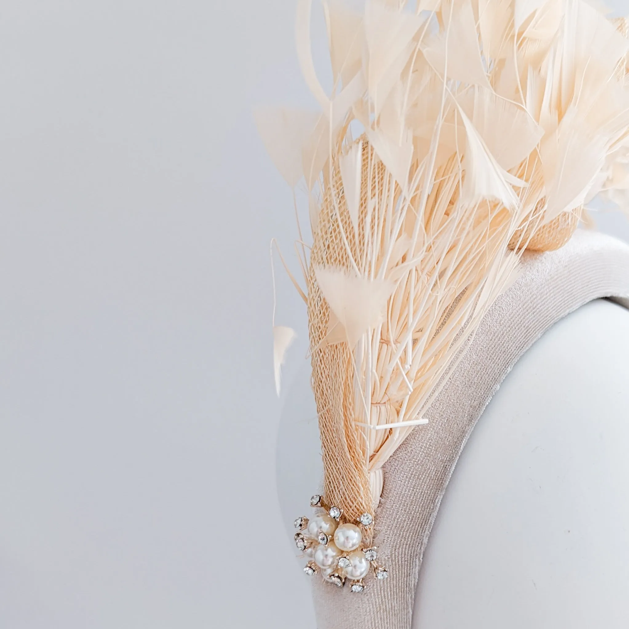 Champagne peach feather padded velvet headband fascinator