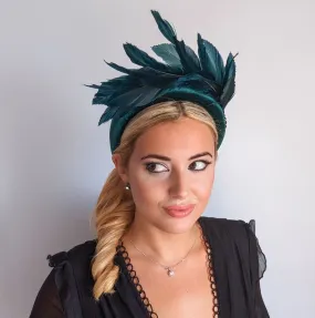 Dark emerald green feather padded velvet headband fascinator