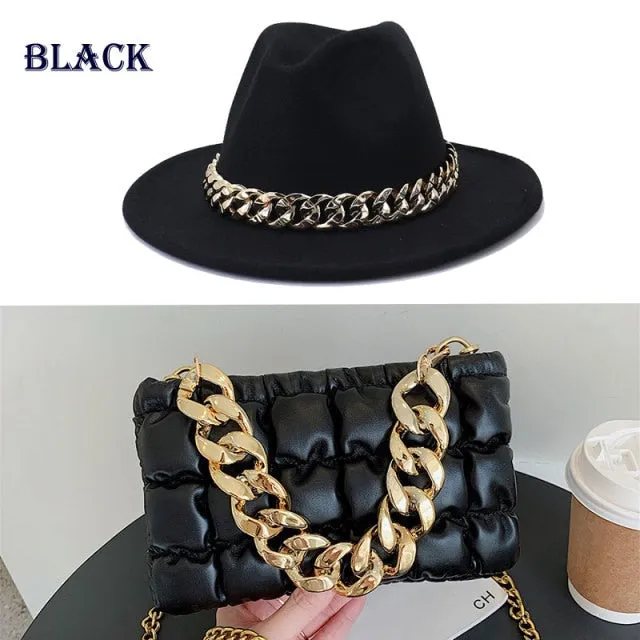 Double Color Chain Fedoras Hat And/Or Jazz Cap Chain Leather Bag