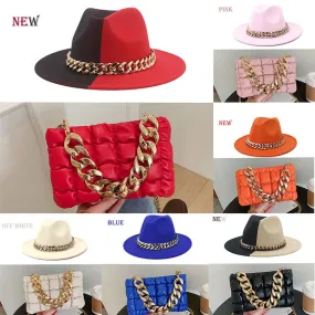 Double Color Chain Fedoras Hat And/Or Jazz Cap Chain Leather Bag