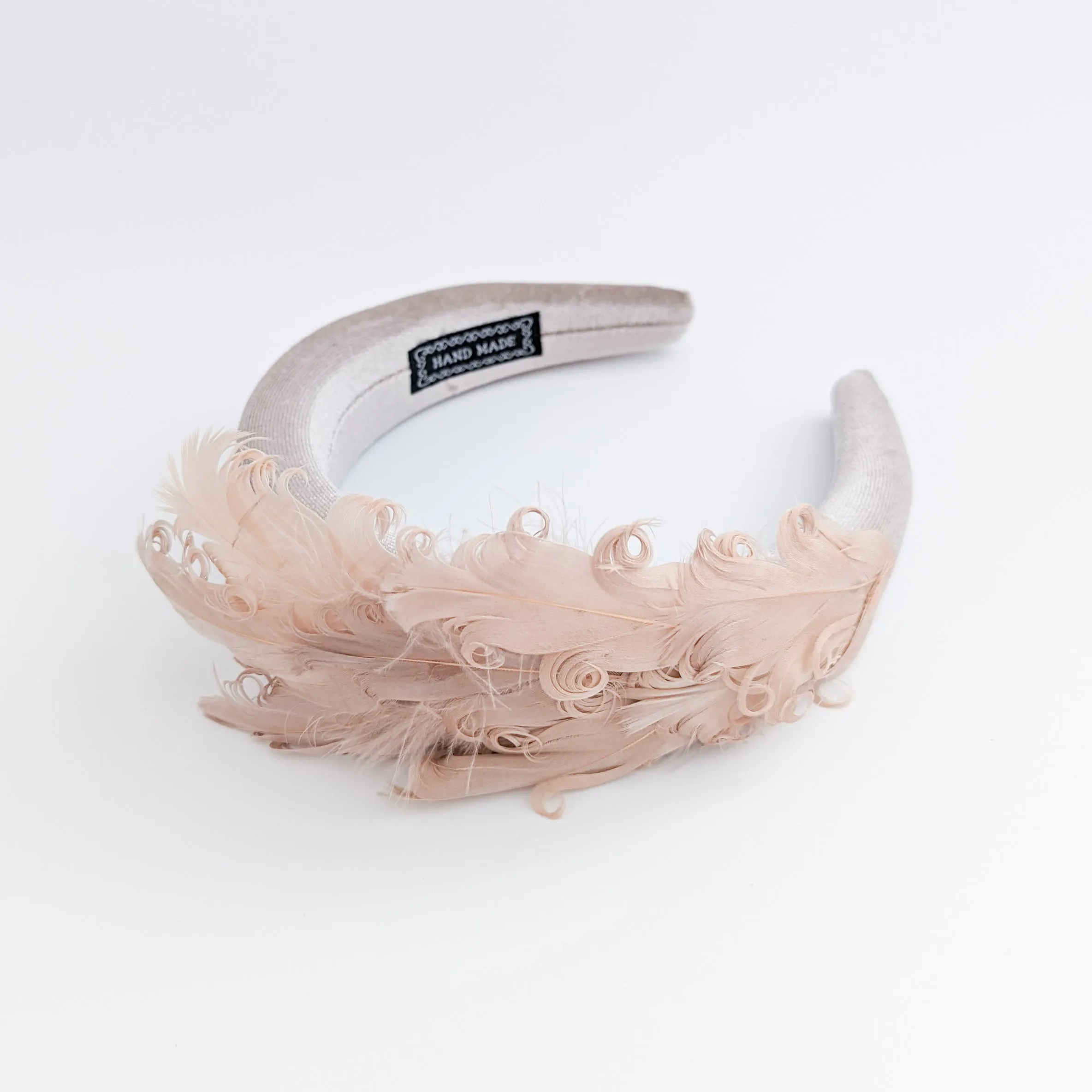Dusty blush pink feather padded velvet headband fascinator