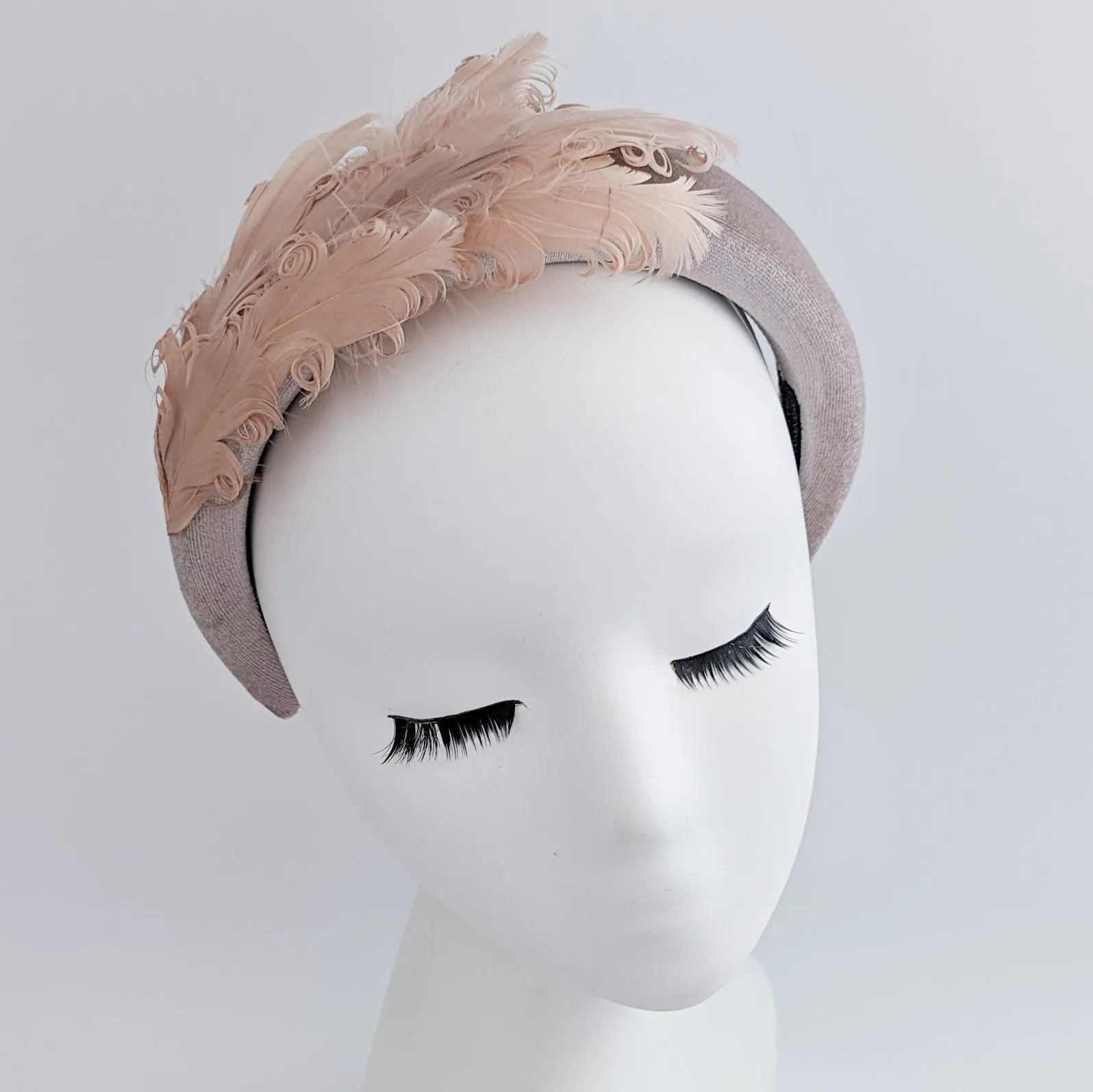 Dusty blush pink feather padded velvet headband fascinator
