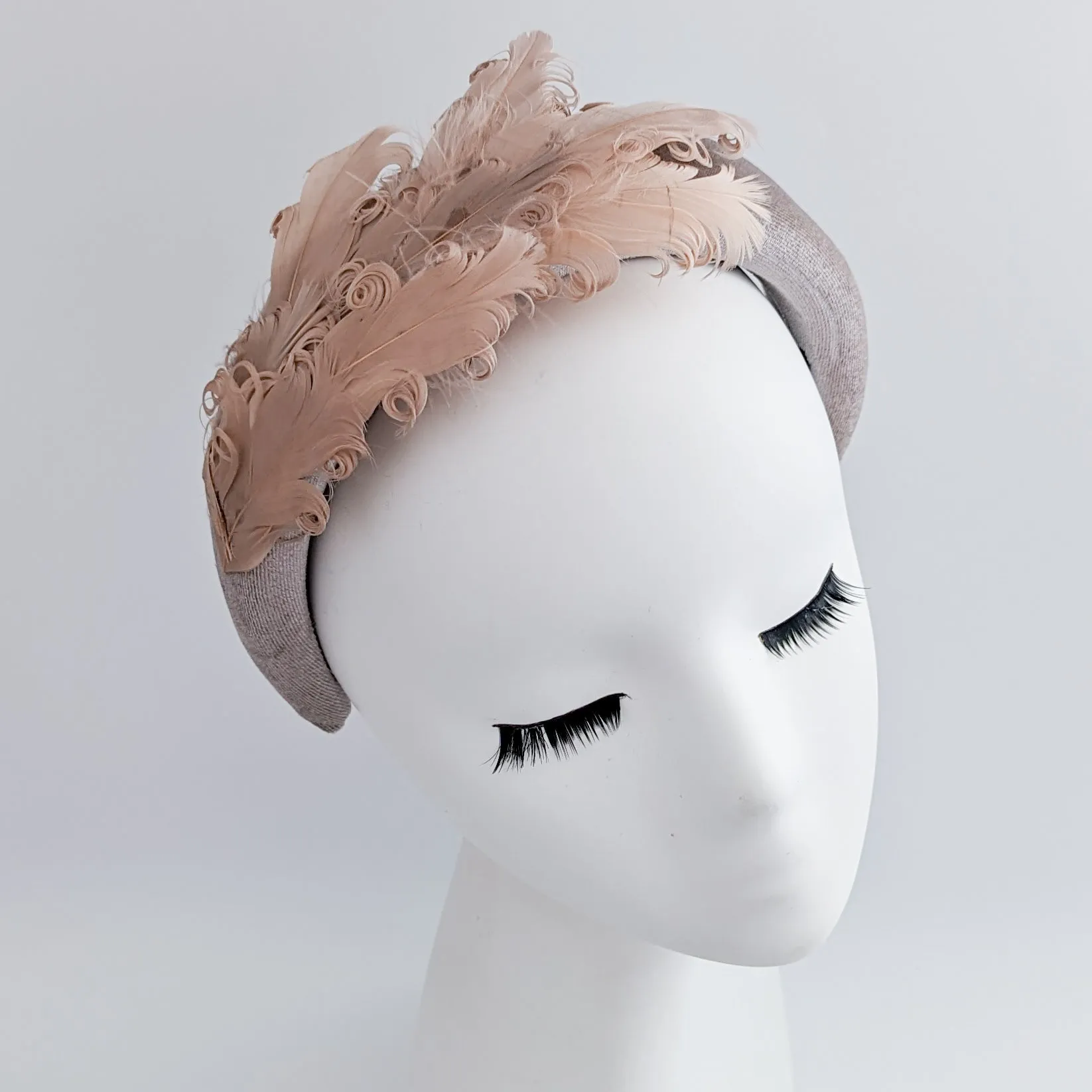 Dusty blush pink feather padded velvet headband fascinator