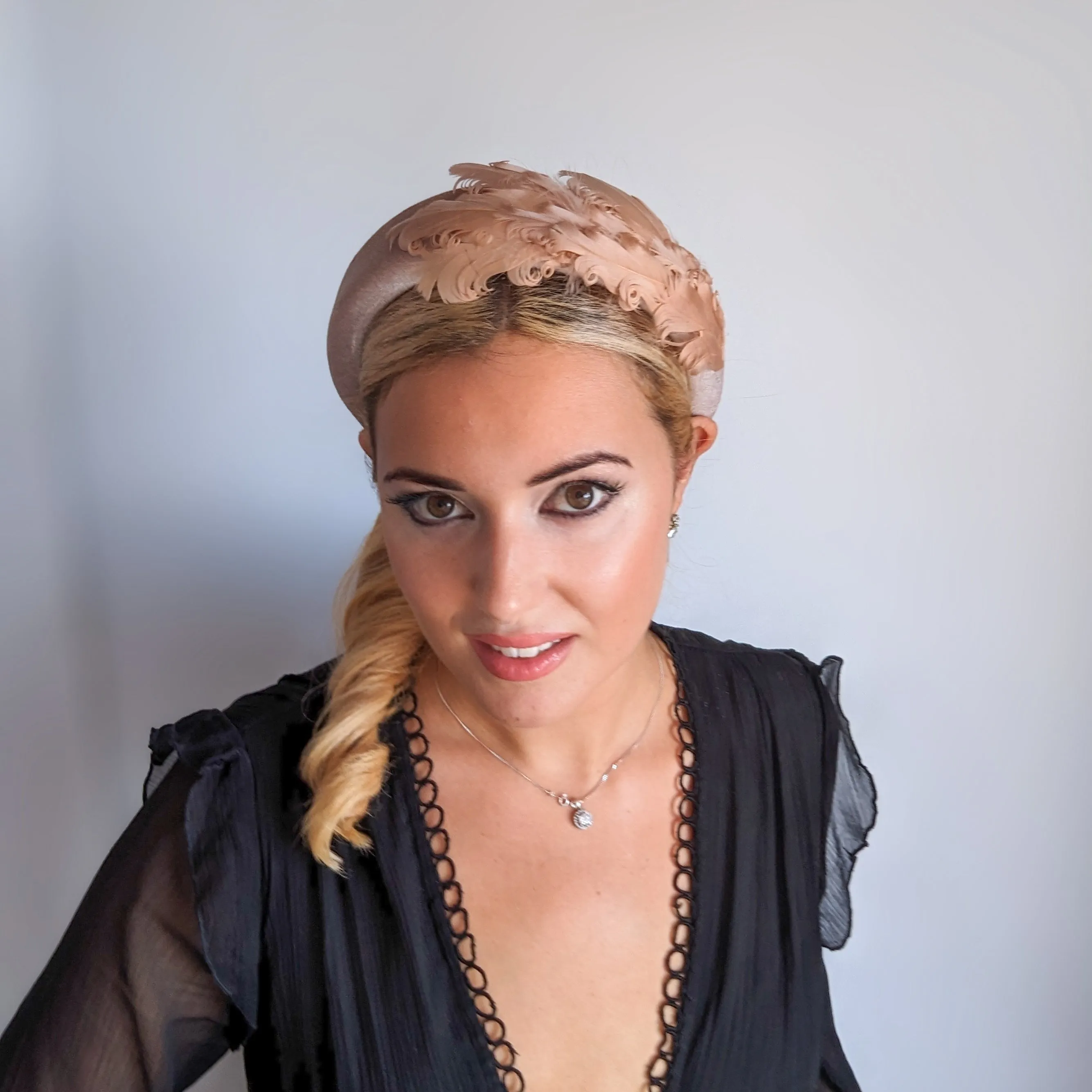 Dusty blush pink feather padded velvet headband fascinator