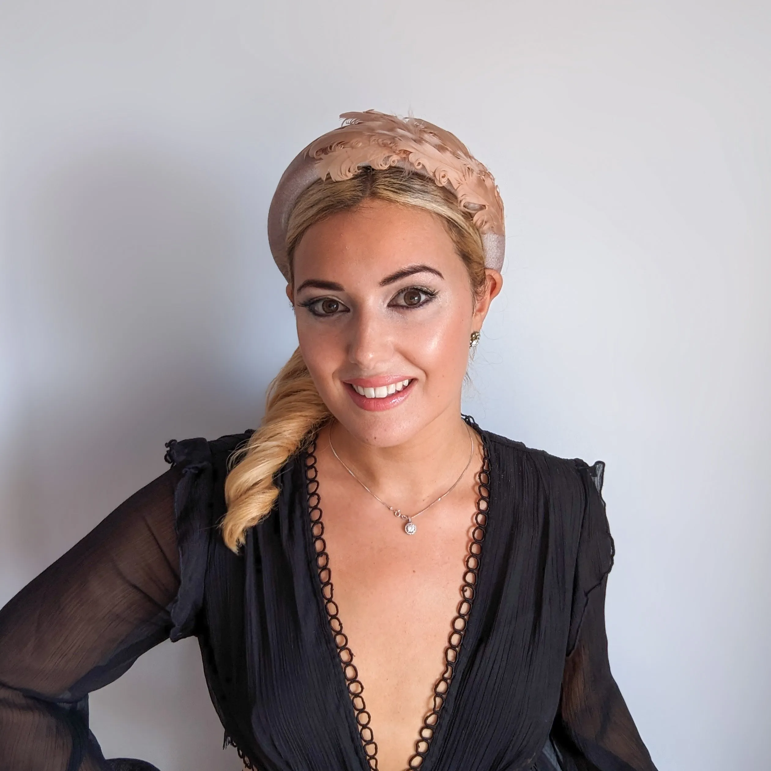Dusty blush pink feather padded velvet headband fascinator
