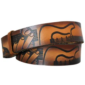 Embossed Guitar Player Brown- Genuine Tooled Leather Interchangeable Belt Strap. STRAP ONLY!
