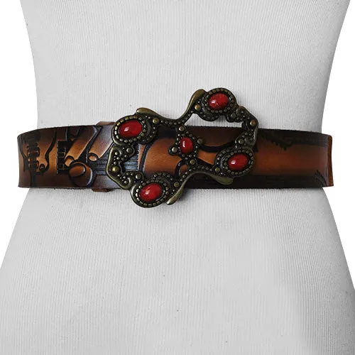 Embossed Guitar Player Brown- Genuine Tooled Leather Interchangeable Belt Strap. STRAP ONLY!