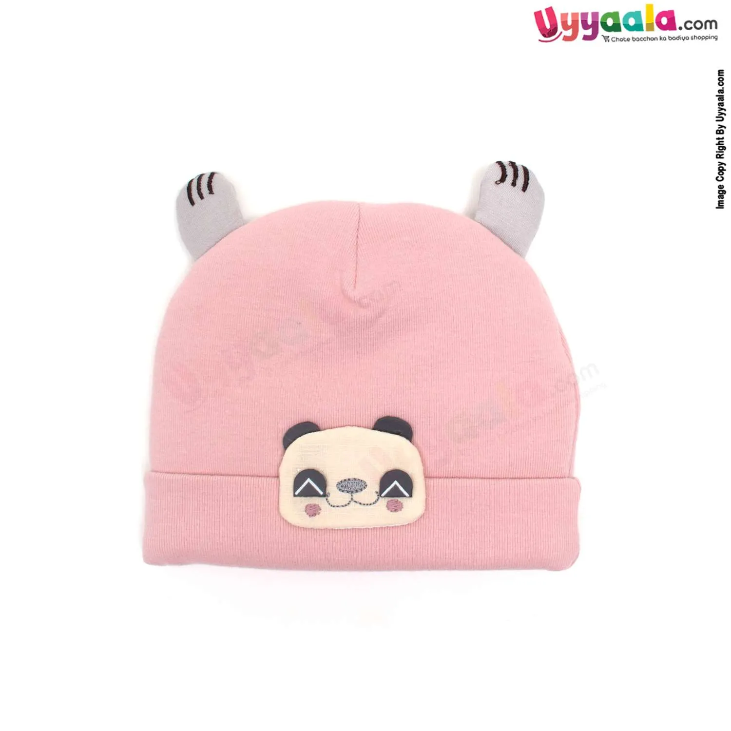 Fancy Round Cap for Babies with Stretchable Soft Hosiery Material, Panda Patch 0-12m Age- Peach