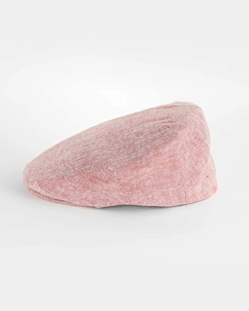 Flame Red Herringbone Linen Flat Cap