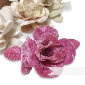 'Hana' 8cm Velvet Camellia Flower and Leaves Mount