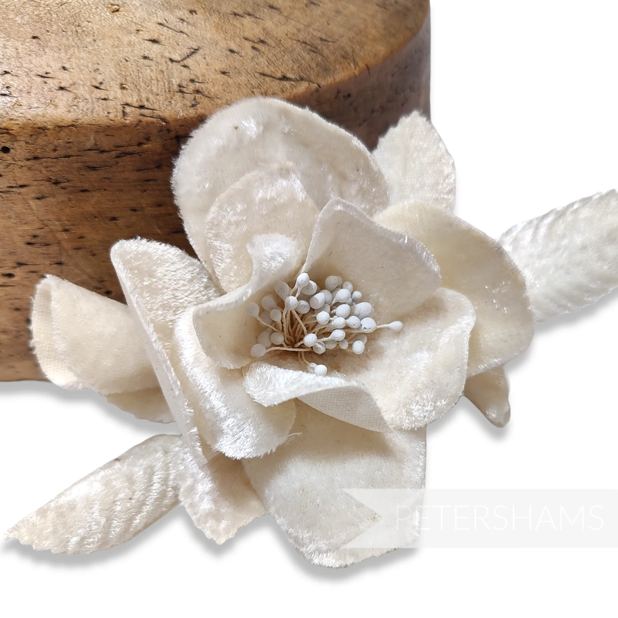 'Hana' 8cm Velvet Camellia Flower and Leaves Mount
