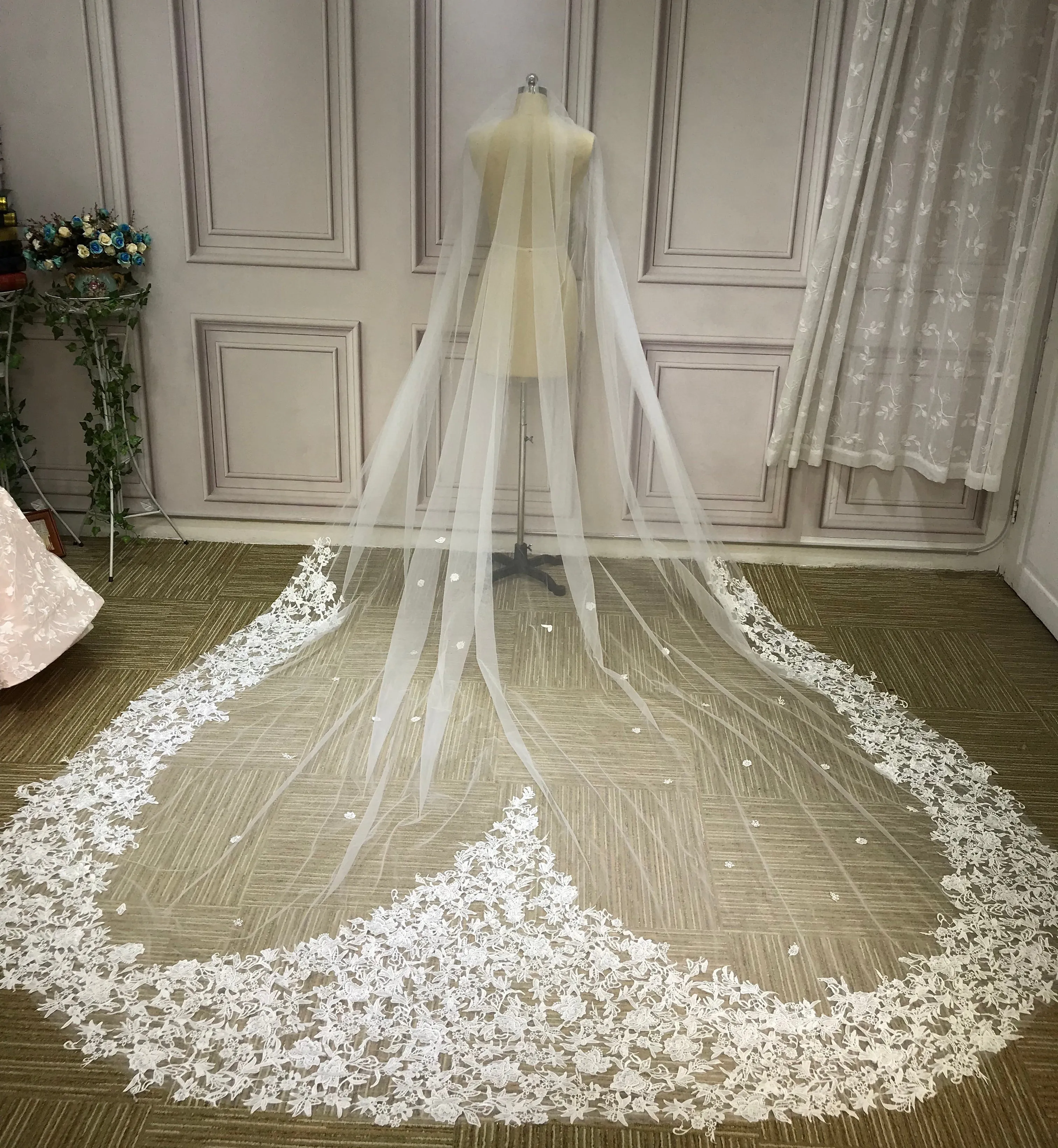 Heart shaped lace appliqués cathedral length veil at 3 meters 5 meters 7 meters 10 meters