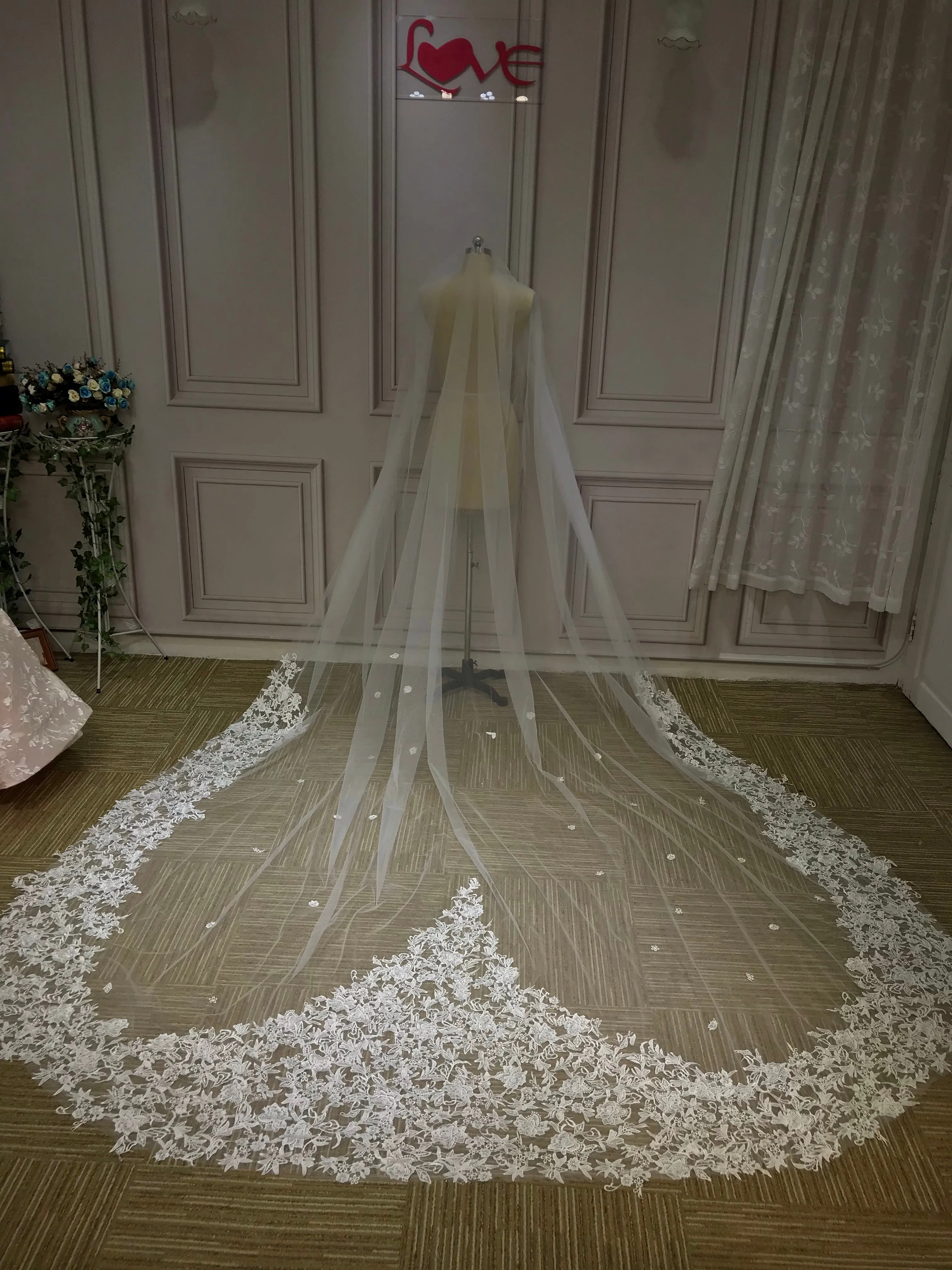 Heart shaped lace appliqués cathedral length veil at 3 meters 5 meters 7 meters 10 meters