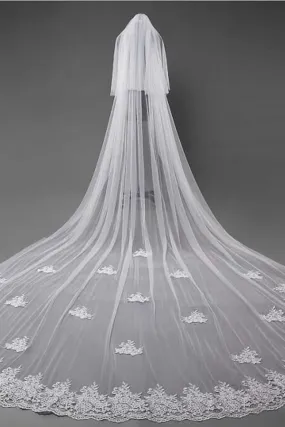 Ivory Lace Appliqued Cathedral Length Tulle Wedding Veil Tulle Bridal Veil V033