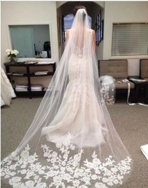 Ivory Lace Edge Chapel Length Wedding Veils, Bridal Veil PFWV0001