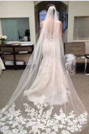 Ivory Lace Edge Chapel Length Wedding Veils, Bridal Veil PFWV0001