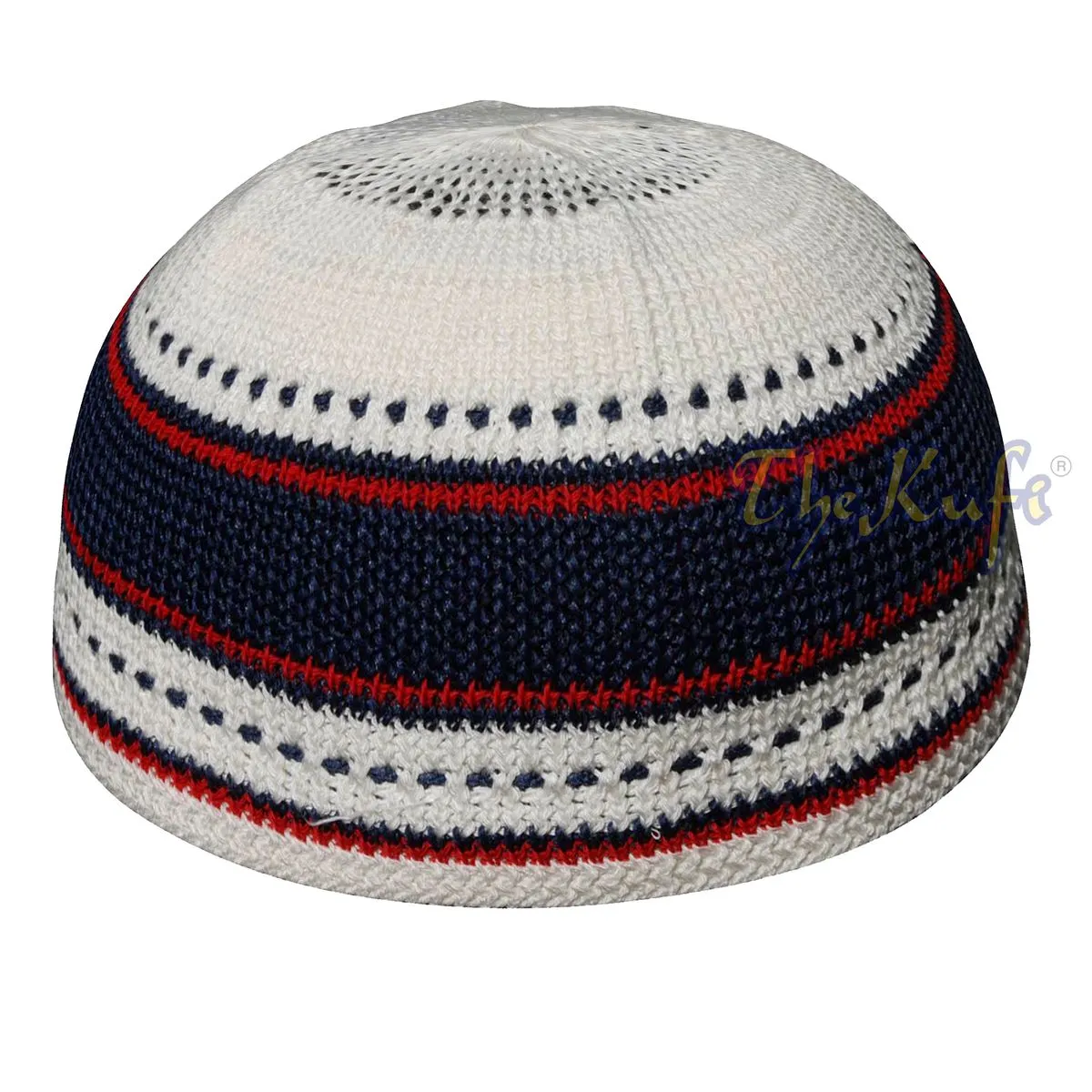 Kids Small Red, Dark Blue And Cream Cotton Stretch Kufi Skull Cap